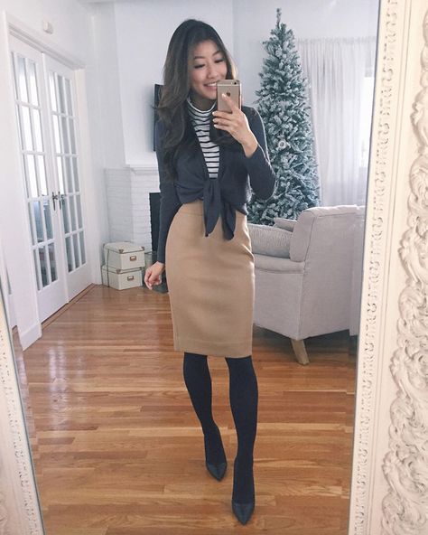 winter business casual work outfit // camel pencil skirt + navy cardigan + striped shirt + navy tights and pump Skirt Pencil Outfit, Skirt Black Outfit, Casual Work Attire, Navy Striped Shirt, Pencil Work, Skirt Diy, Extra Petite, Pencil Skirt Outfits, Winter Skirt Outfit