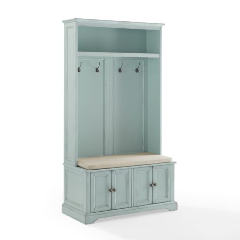 Buy Crosley Furniture Holbrook Traditional Wood Hall Tree in Blue/Oatmeal at Walmart.com Farmhouse Hall Trees, Hall Tree Storage Bench, Shoe Rack Bench, Seafoam Blue, Hall Tree, Blue Wood, Entryway Furniture, Hanging Storage, Shoe Organizer