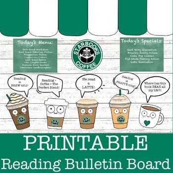 Its Back to School time! Are you a Reading teacher, Media Specialist, or Book Lover looking for Coffee Shop themed decor for your bulletin board, door, classroom, book fair, or Reading week? This listing is for an instant downloadable bulletin board kit that includes:-High quality, hand-painted, original illustrations measuring 8.5x11-STARBOOKS COFFEE sign logo in two designs- Five adorable coffees-Five reading themed coffee pun word bubbles (We read a LATTE, Reading is FRAPPE-ning, Where has th Math Interventionist, Cafe Classroom, Word Bubbles, Classroom Door Decor, Coffee Puns, Reading Bulletin Boards, Word Bubble, Sign Logo, Coffee Sign