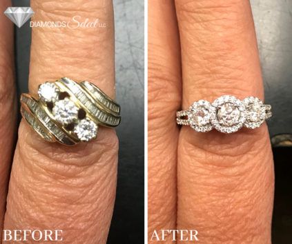 Vintage Ring Redesign, Resetting Diamonds Ideas Mom Ring, Diamond Resetting Ideas, Redesigned Rings Before And After, Ring Redesign Before And After, Resetting Diamonds Ideas, Wedding Ring Redesign, Jewelry Redesign, Ring Redesign