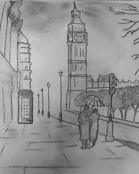 Pencil drawing of a rainy day in the city of London ☂️ Rainy Day In The City, Rainy Day Drawing, Craft From Waste Material, Day In London, City Of London, Abstract Art Painting Diy, A Rainy Day, London City, Pencil Drawing