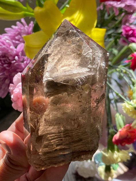 "This crystal is a Garden Quartz ( Lodolite) specimen on smoky Quartz. This specific garden Quartz specimen is also called \"thousand layers\" for its natural inclusions forming circular layers. The is an extraordinary quartz with excellent clarity and a luxurious finish. The Quartz also has some traces of rainbow. Measurements: Weight: 13 ounces Size: 4 inches from tip to base Width: 1.6 inches This is not a self standing crystal. The bottom is a natural rough finished. ⚠️ Before Purchasing Rea Organic Structure, Cosmic Consciousness, Garden Quartz, Chakra Healing Crystals, Circular Pattern, Spiritual Gifts, Crown Chakra, Chakra Healing, Patterns In Nature