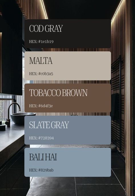 House Decor Color Palettes, Gray Black Brown Color Palette, Bohemian Chic Color Palette, Color Palette For Salon, Cozy Interior Color Palette, Light Moody Color Palette, Stainless Steel Color Palette, Black Wood Color Palette, Black White Wood Color Palette