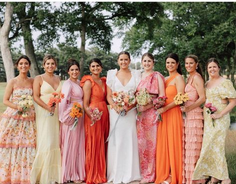 Bright Sunset Wedding Colors, Pastel Sunset Bridesmaid Dresses, Sunset Dress Code, Mexico Wedding Bridesmaids Dresses, Colorful Bridesmaids Dresses, Mismatched Orange Bridesmaid Dresses, June Bridesmaid Dresses, Sunset Wedding Color Palette, Orange And Pink Bridesmaid Dresses