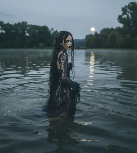 Southern Goth Photoshoot, Lake Witch Aesthetic, Dark Water Photoshoot, Witchy Beach Photoshoot, Goth Beach Photoshoot, Druid Photoshoot, Water Shoot Ideas, Dark Photoshoot Creepy, Dark Feminine Photoshoot