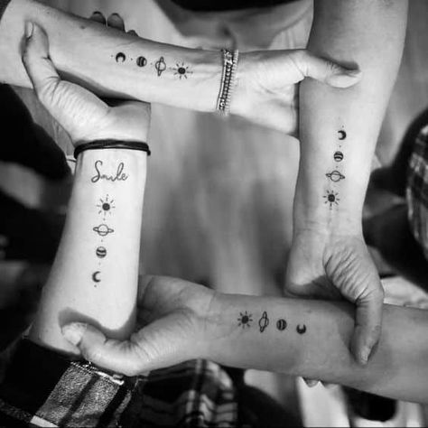 Matching Tattoo For 4 People, Matching 4 Sibling Tattoos, Small Tattoos For 4 Best Friends, 4 Friends Matching Tattoos, Friend Tattoo For 4, Matching Tattoos For Friends Of 4, Group Of Four Tattoo, 4 Best Friend Tattoos Matching, Group Of Friends Tattoos