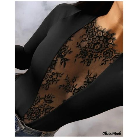 Olivia Mark - Contrast Lace Long Sleeve Bodysuit Black Blouses, Lace Long Sleeve Shirt, Short Blouses, Lace Long Sleeve, Women's Wear, Lace Bodysuit, Black Bodysuit, Womens Bodysuit, Adult Costumes