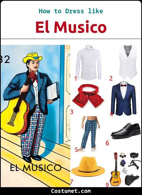 El Musico's Costume from Loteria Loteria Costumes Ideas Diy, Loteria Costumes Ideas, Loteria Party, Checked Pants, Yellow Hat, Costumes Ideas, Brown Shoes, Halloween Party Costumes, Diy Costumes