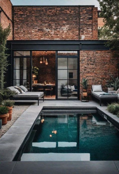 Victorian Backyard, Industrial Pool, Small Pool Design Ideas, Backyard Pool Area, Modern Prairie Home, Mallorca House, Pool Courtyard, Pool Area Ideas, Unique Pool