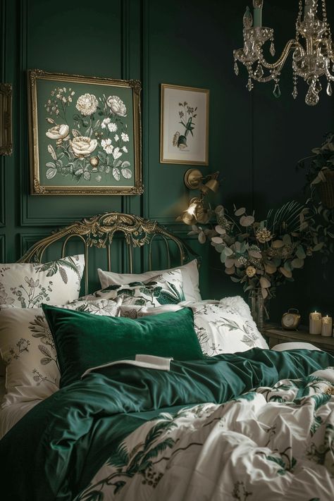 Moody Floral Bedroom, Green Floral Bedroom, Moody Bedrooms, Moody Garden, Emerald Green Bedrooms, Bedroom Moody, Dark Green Rooms, Dark And Moody Bedroom, Magical Bedroom