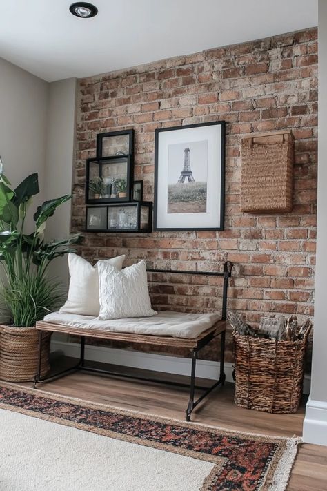 "Create industrial charm with a DIY Faux Exposed Brick Wall! 🧱🛠️ Perfect for adding texture and style to any room. 🌟✨ #ExposedBrick #DIYWallMakeover #IndustrialDecor" Accent Wall Bedroom Brick, White Washed Exposed Brick, Apartment With Exposed Brick, Brick Wall Paneling Living Room, Brick Wall Decoration Ideas, Whitewash Faux Brick Panel, Brick Wall Entryway Ideas, Faux Interior Brick Wall, Bare Brick Wall