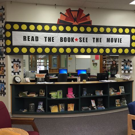 May display - read the book - see the movie - cinema marquee Movie Theme Book Fair, Family Bulletin Board Ideas, School Library Themes, Sign Display Ideas, Family Bulletin Board, Charity Shop Display Ideas, Festival Display, School Library Bulletin Boards, Librarian Ideas