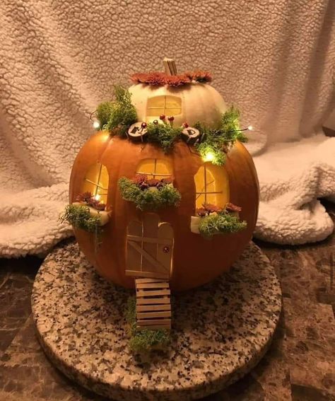 Carved Pumpkin House Ideas, Pumpkin Carving Ideas Fairy House, Woodland Pumpkin Carving, Pumpkin Cottage Carving, Fairy Cottage Pumpkin, Pumpkin Carving Ideas Cottagecore, Pumpkin Carving Ideas Fairy, Cottage Core Pumpkin Carving, Pumpkin House Carving Ideas