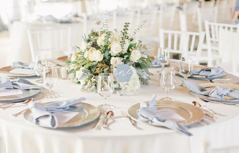 Dusty Blue And Silver Wedding, November Wedding Centerpieces, Dusty Blue And White Wedding, Silver Wedding Reception, Blue And Silver Wedding, Wedding Centerpeices, Blue Reception, Blue Table Settings, Blue Hydrangea Wedding