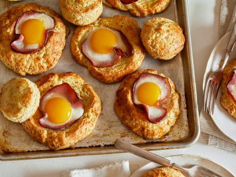 Biscuit Egg-in-a-Hole Recipe | Food Network Kitchen | Food Network Egg In A Hole, Cheesy Biscuit, Egg Food, Biscuit Recipes, Easter Brunch Food, Food Network Canada, Buttermilk Biscuits, Best Breakfast Recipes, Easter Brunch