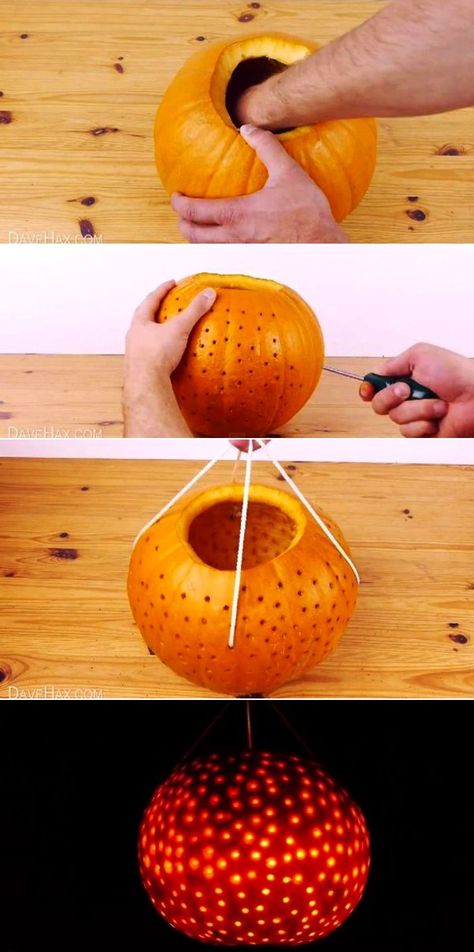 To make this disco ball out of a pumpkin for Halloween party fun, things you require are a screwdriver, thick string and a flashlight. Once you’ve them, follow the steps.  #Halloween #Halloweenlighting #pumpkincarving #jackolantern Disco Ball Pumpkin, Diy Disco Ball, Diy Halloween Food, Spooky Halloween Crafts, Pumpkin Carving Party, Cute Diy Projects, Pumpkin Carvings, Halloween Displays, Cute Diy