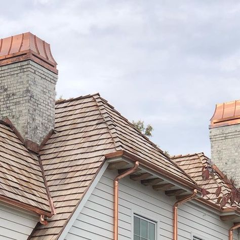 Thompson CBG on Instagram: "Great composition of materials. Lime wash brick, cedar roofing and copper gutters. #timelessdesign #customhomes #craftsmanship" Copper Roof House, Lime Wash Brick, Cedar Shingle Roof, Copper House, Copper Gutters, Lime Wash, Cedar Roof, Clay Roofs, Copper Roof