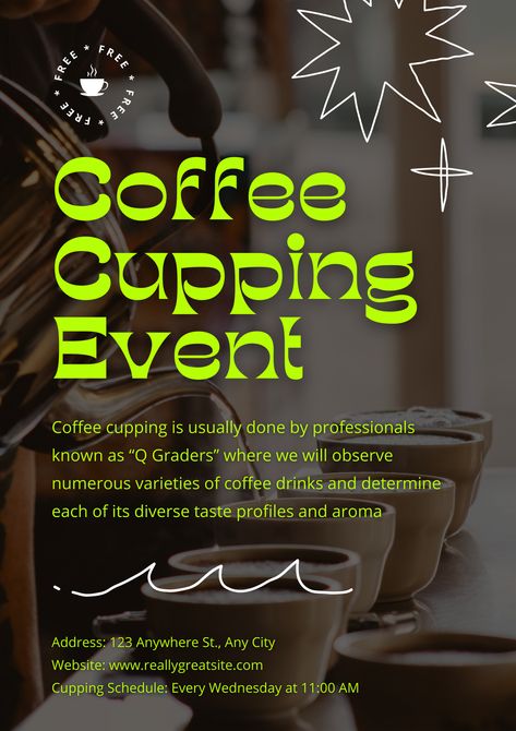 Dark photo Coffee Cupping Event Poster Coffee Event Poster Design, Cafe Event Poster, Coffee Event Poster, Store Poster Design, Fashion Pop Up Store, Coolest Posters, Pop Up Flyer, Coffee Moodboard, Coffee Event