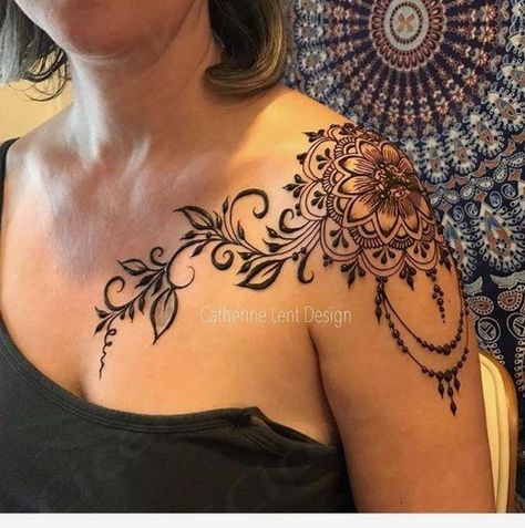 Lace Shoulder Tattoo, Shoulder Cap Tattoo, Tattoos To Cover Scars, Henna Inspired Tattoos, Chest Tattoos For Women, Forearm Tattoo Women, Tattoo Ideas For Women, Lace Tattoo, Shoulder Tattoos For Women