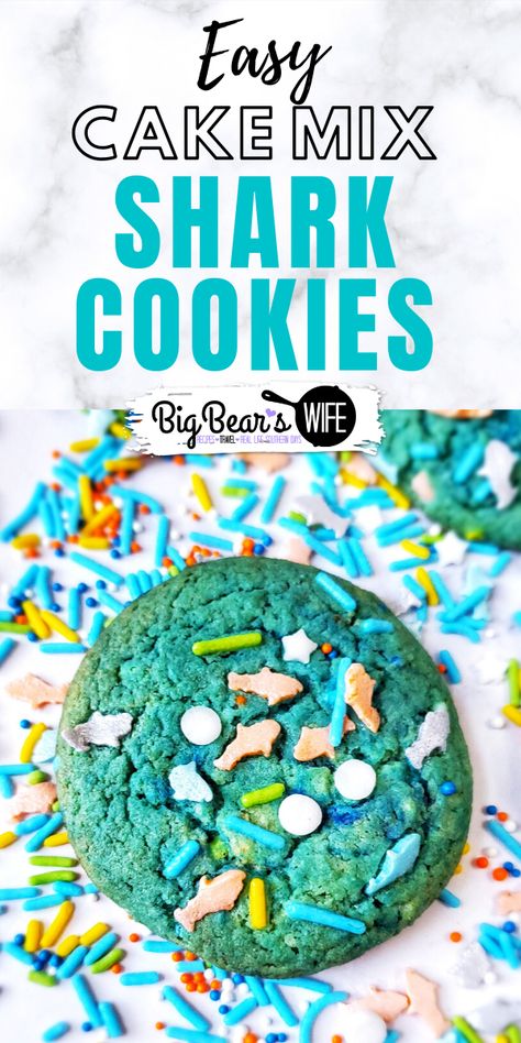 Shark Cookies Cake Mix Style - Shark Obsessed? Love ocean life? These Shark Cookies are for you! Blue and Ocean Green Marbled and topped with Shark sprinkles for the perfect Shark Cookies Cake Mix Style! Week Snacks, Quick Summer Desserts, Obsessed Love, Ocean Cake, Cake Mix Cookie, Southern Recipes Desserts, Cookie Recipes For Kids, Shark Cookies, Ocean Cakes