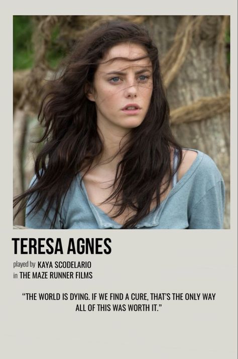 minimal polaroid character poster for teresa agnes from the maze runner films Teresa Agnes, Maze Runner Characters, Polaroid Movie Poster, Movie Character Posters, Character Poster, Maze Runner Cast, Most Paused Movie Scenes, Maze Runner Movie, Maze Runner Series