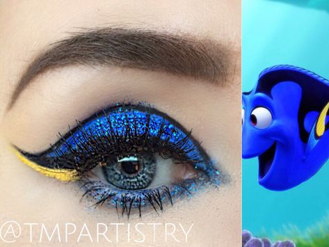 Finding Dory inspired graphic liner. #makeup #beauty Dory Inspired Makeup, Dory Costume Diy, Diy Dory Costume, Dory Makeup, Nemo Makeup, Dory Costume, Graphic Liner Makeup, Nerd Makeup, Disney Eye Makeup