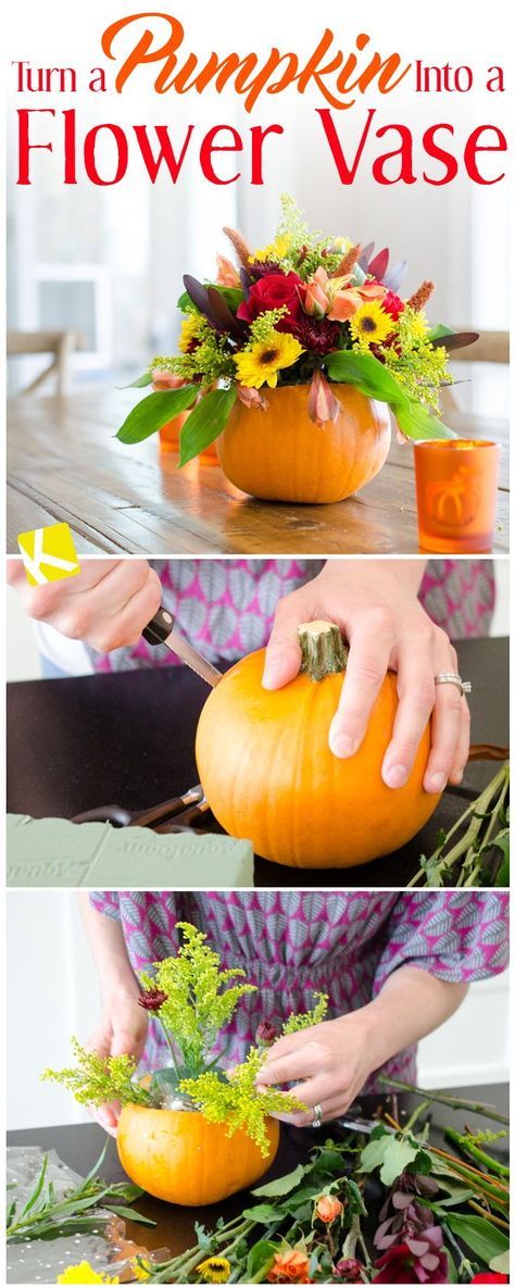 Turn a pumpkin into a flower vase Pumpkin Flower Centerpiece, Thanksgiving Table Settings Centerpieces, Thanksgiving Flower Arrangements, Thanksgiving Floral Arrangements, Pumpkin Bouquet, Pumpkin Floral Arrangements, Thanksgiving Floral, Thanksgiving Flowers, Pumpkin Planter