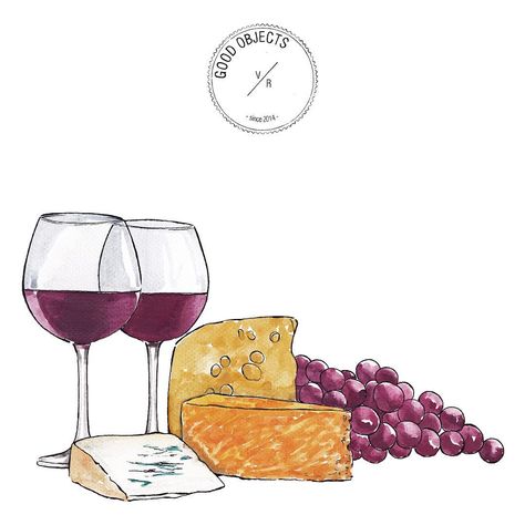 Good objects - Today we are making cheese fondue and drinking wine...  #goodobjects #illustration Wine And Cheese Drawing, Food And Wine Illustration, Wine And Cheese Illustration, Wine And Cheese Painting, Wine And Cheese Aesthetic, Watercolor Cheese, Grapes Drawing, Cheese Drawing, Wine App