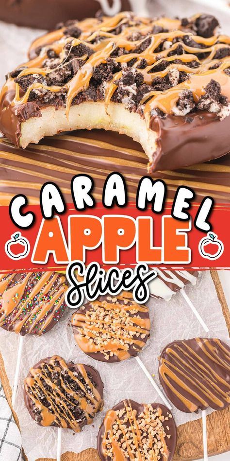 This easy chocolate Caramel Apple Slices recipe is a tasty fall treat, made in 10 minutes using only 3 ingredients (plus water) and your favorite festive toppings. Easier than biting into a big candy apple, sliced caramel apples won’t break your teeth and they fit in your mouth without making a mess on your face! Apple Slice Cookies, Candy Sliced Apples, Caramel Apple Pops Sticks, Carmel Apples Ideas, Carmel Apple Bites With Rolos, Inside Out Caramel Apples, Carmel Apple Bark Dessert, Chocolate Cover Apple Slices, Apple Slices Dipped In Chocolate