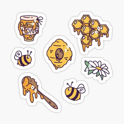 adorable bee and honey themed stickerpack! || Redbubble artist @kukurbee || instagram @kukurbee #bees #honey #aesthetic #yellow #orange #stickers #stickerpack #redbubble #redbubbleartist #redbubbleshop #procreate #digitalart #illustration #cute #kawaii #adorable #honeycomb #sweet #animals #insects Yellow Border Design Aesthetic, Bee Stickers Free Printable, Honeycomb Border Design, Honey Sticker Design, Bee Stickers Aesthetic, Orange Stickers Aesthetic Printable, Yellow Stickers Aesthetic Printable, Yellow Stickers Aesthetic, Yellow Aesthetic Stickers