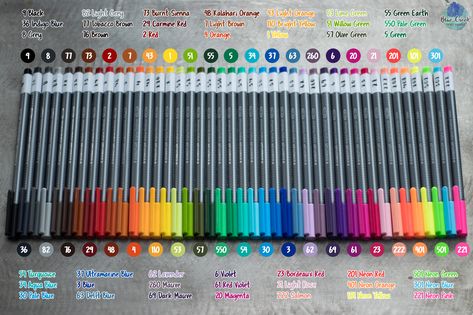 I just purchased a 42-Pack of Staedtler .3mm Triplus Fineliners and am in love. Here's a link to a high res image of colours, their numbers, and their names! I will be posting a pen test video in my Leuchtturm1917 A5 Dotted journal tomorrow :) Highlighters Stabilo, Staedtler Fineliner, Staedtler Double Ended Fiber Tip Markers Color Chart, Stabilo Fineliner, Staedtler Triplus Fineliner Pens, Staedtler Triplus Fineliner, 0.38 Mm Pens, Fineliner Pens, Color Palette Challenge