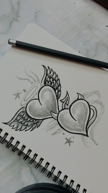 Angels And Demons Drawing, Vampire Drawing Ideas, Revenge Drawing, Love Cartoons Drawings, Devil And Angel Tattoo, Devil Sketch, Devil Drawing, Cute Heart Drawings, Angel Y Diablo