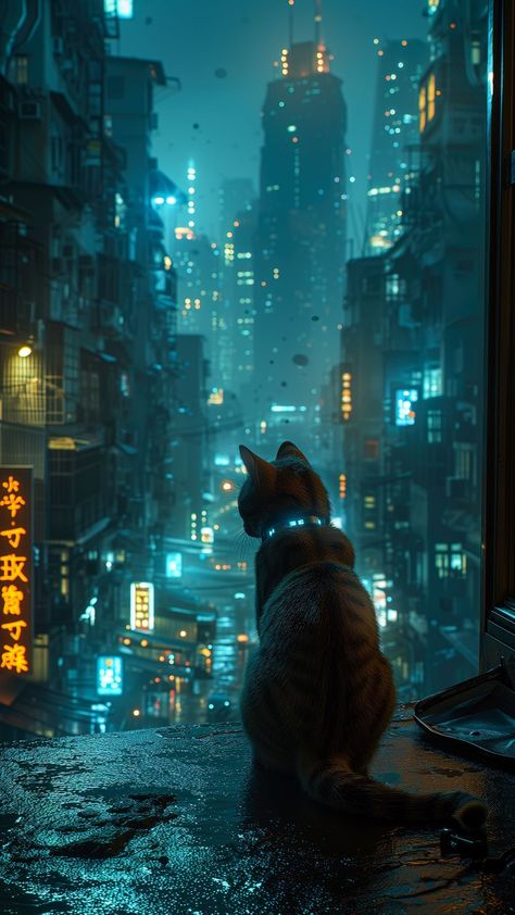 Cyberpunk Animals, Neon Cyberpunk Aesthetic, Neon City Lights, Neon City, Wal Art, Wallpaper Cat, Cat City, Cyberpunk City, Silly Cats Pictures