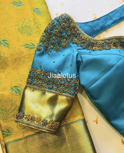 Blue Pattu Blouse Maggam Work, Pattu Blouse Maggam Work, Blouse Design With Border, Aari Work Blouse Wedding, Cut Work Blouse, Blouse Maggam Work, Blue Blouse Designs, Latest Bridal Blouse Designs, Blouse Designs Catalogue