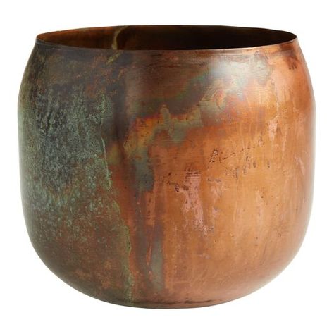 With dynamic shades of warm copper, gold, dark brown and green, our exclusive metal planter is a oneof-a-kind decor treasure. Artisans in Moradabad, India shape, hammer and finish each piece by hand, making it a vintage objet d'art when displayed alone or an antique home for a pothos or snake plant. Copper Planters Overstock, Copper Metal Furniture, Brass Floor Planter, Center Piece Table Planter With Feet Metal, Brass Planter Outdoor, Brushed Brass Planter, Metal Patina Art, Brass Tree Pot, Patina Metal Art