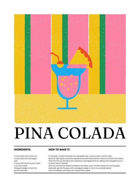 White Retro Colorful Risograph Illustrated Cocktail Poster - Templates by Canva Risograph Illustration, Poster Drink, Pina Colada Cocktail, Cute Artwork, Bar Stuff, Artwork Canvas, White Rum, Art Cute, Colorful Artwork