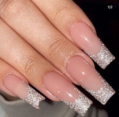 Sparkly French Tip Nails, Silver Sparkly Nails, Sweet 16 Nails, Gel French Tips, Sparkly Acrylic Nails, Glitter French Nails, New Year Nails, Year Nails, Black Gel Nails