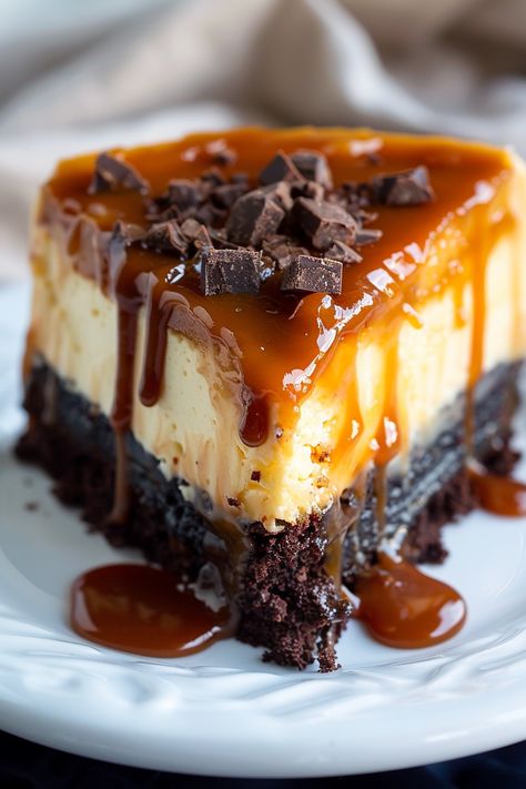 Caramel Brownie Cheesecake, Brownie Cheesecake Recipe, Magical Food, Brownie Cheesecake, Fudgy Brownie, Caramel Desserts, Vanilla Cheesecake, Classic Cheesecake, Caramel Brownies