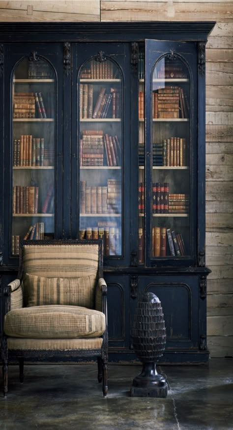 Ralph Lauren Home Collection A/W 2013- tall glass doored book case over solid base, embellishment done with a light touch and distressing: Koti Diy, Home Libraries, Book Case, Home Library, Ralph Lauren Home, Reading Nook, Home Collections, Painted Furniture, A Book