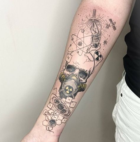 Science Arm Tattoo Forensic Science Tattoo Ideas, Cool Science Tattoos, Science Themed Tattoos, Earth Science Tattoo, Nuclear Tattoo Design, Science Tattoo Sleeve, Neurotransmitter Tattoo, Laboratory Tattoo Ideas, Science Tattoos Chemistry