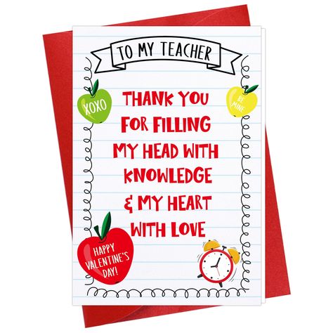 PRICES MAY VARY. ❤️【Teacher Valentines Day Card】: The teacher valentines day card comes with a red envelope, great valentines day gifts for women teacher new teacher female teacher daycare teacher kindergarten preschool teacher retirement teacher. ❤️【Valentines Day Gifts Card for Teacher】: The cover is printed "To my teacher, thank you for filling my head with knowledge and my heart with love" with apple and alarm clock to tell your teachers how much you thanks to her or him. ❤️【Material】: This Greeting Cards For Teachers, To My Teacher, Valentines Envelopes, Teacher Valentines, Teachers Day Card, Valentines Gift Card, Teacher Appreciation Cards, Teacher Thank You Cards, Teacher Valentine Gifts