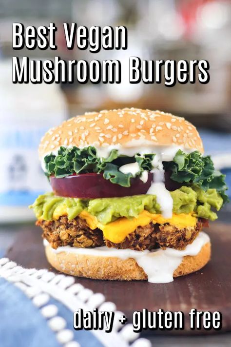 Oat Burgers, Grillable Veggie Burger, Vegan Mushroom Burger, Mushroom Burger Recipe, Mushroom Burgers, Mushroom Burger, Vegan Mushroom, Burger Toppings, Vegan Burger