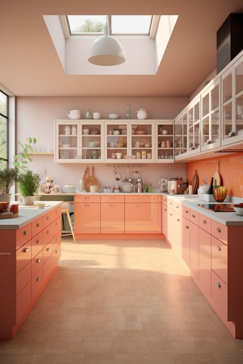 Peach Walls Kitchen, Almodovar Kitchen, Pantone 2024, Color Durazno, Peach Kitchen, Art Deco Apartment, Kitchen Colour, Peach Walls, Splash Pool