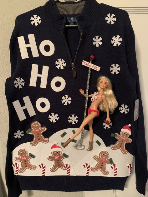 Stripper Barbie edition Barbie Ugly Christmas Sweater, Inappropriate Christmas Sweater, Ugly Holiday Sweaters, Creative Ugly Christmas Sweater, Diy Ugly Sweater, Barbie Edition, Christmas Costumes Diy, Santa Chair, Homemade Ugly Christmas Sweater