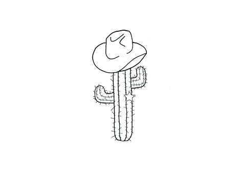 Cactus With Hat Tattoo, Cowboy Boot With Cactus Tattoo, Cactus Cowboy Hat Tattoo, Cactus With Cowboy Hat Tattoo, Country Drawings Westerns, Cactus With Cowboy Hat, Western Drawing Ideas, Western Art Drawings, Art Drawings Easy