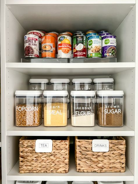 Pantry Organization Deep Shelves, Organize A Deep Pantry, Deep Pantry Shelves, Vinyl Pantry Labels, Deep Pantry Organization, Narrow Pantry, Deep Pantry, Pantry Containers, Seagrass Baskets