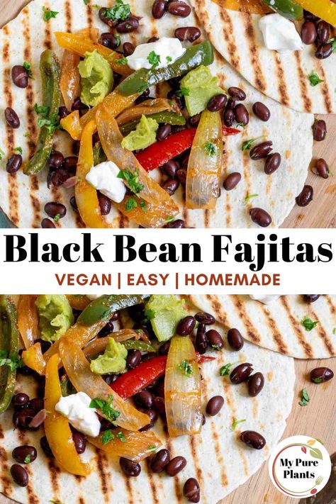 These flavorful black bean fajitas are a delicious, vegetarian way to enjoy one of the most popular Tex-Mex dishes! Made with black beans, freshly seasoned veggies, and a colorful medley of toppings, this easy fajita recipe will quickly become a family favorite. Requiring less than 30 minutes to prepare, they will be hot, fresh, and ready to enjoy in no time! Black Bean Fajitas, Bean Fajitas, Fajita Sauce, Easy Fajita Recipe, Vegetarian Fajitas, Fajita Veggies, Veggie Fajitas, Homemade Sour Cream, Homemade Fajita Seasoning