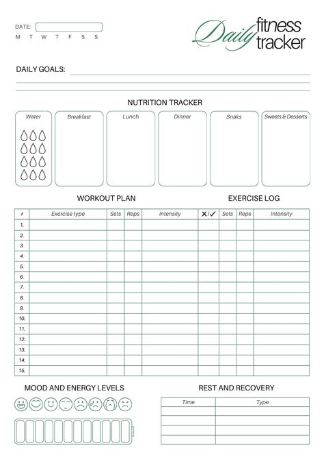 Green and White Simple Daily Fitness Tracker Planner Document A4 - Templates by Canva Daily Fitness Tracker, Hours Tracker, Nutrition Tracker, Organization Planner, Workout Log, Planner Printables, Chore Chart, Fitness Planner, Mood Tracker