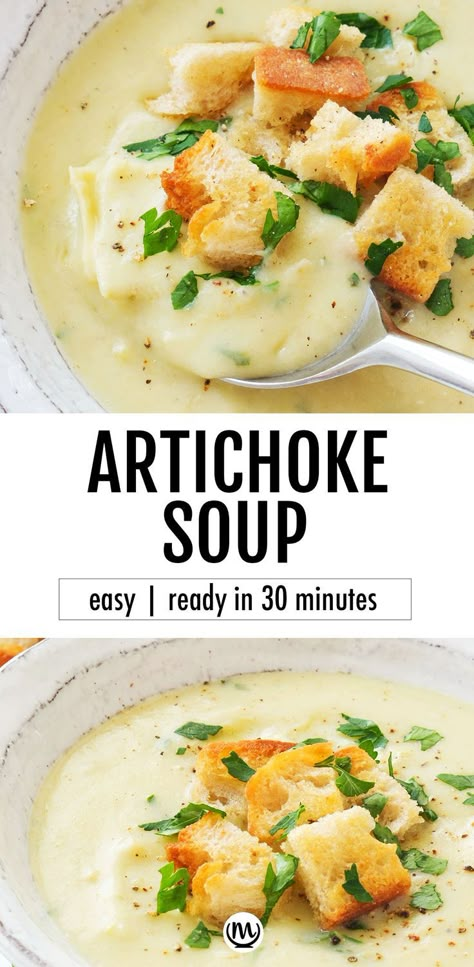 Top view of a white bowl full of artichoke soup with croutons. Artichoke Soup, Artichoke Recipes, Soup Dinner, Soup And Stew, Soup Season, Healthy Soup Recipes, Healthy Soup, Delicious Soup, Grocery List