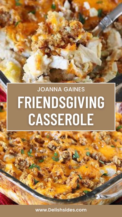 The pin showcases an appetizing image of Joanna Gaines' Friendsgiving Casserole, capturing the beautiful layers of seasonal ingredients, herbs, and spices. The pin description highlights the unique twist this casserole brings to traditional Thanksgiving fare and emphasizes its suitability for Friendsgiving celebrations. Magnolia Friendsgiving Casserole, Joanna Gaines Thanksgiving Casserole, The Food Network Recipes, Thanksgiving Potluck Main Dish, Casserole For Christmas Dinner, Joanna Gaines Friendsgiving Casserole, Joanna Gaines Thanksgiving Recipes, Friendsgiving Casserole Joanna Gaines, Thanksgiving Sides To Bring